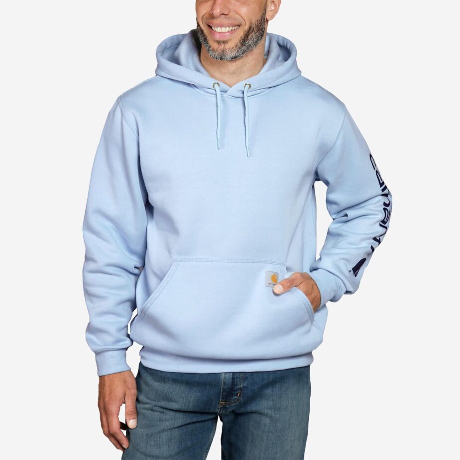 carhartt sleeve logo sweatshirt med hætte lyseblå forfra